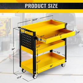 SILVEL 3 Tier Rolling Tool Cart with Lockable Drawer,450LBS Tool Service Cart on Wheels,Heavy Duty Utility Cart,Tool Storage Trolley for Garage, Workshop, Warehouse&Repair Shop