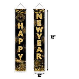 Happy New Year Porch Banner 2025 Black Gold Glitter New Years Eve Welcome Sign New Year 2025 Decor Happy New Year Party Decorations for Home Party