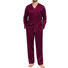 SWOMOG Family Matching Pajamas Sets for Women & Men Couples 2 Pcs Silk Satin Pjs Sets Button-Down Sleepwear Soft Loungewear Dark Wine Red