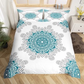Erosebridal Hippie Mandala Bed Set for Girls Boys Bohemian Floral Duvet Cover, Boho Paisley Bedding Set Queen Indian Medallion Comforter Cover, Chic Aesthetic Bed Cover White Teal Room Decoration