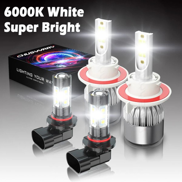 CHUSYYRAY 4X LED Headlight Hi/Lo Beam + Fog Light Bulbs