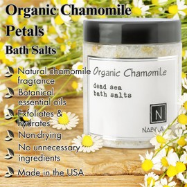 Organic Chamomile Bath Salts by Nabila K - Dead Sea Salt & Epsom Salt Scrub & Soak - Exfoliates & Hydrates Skin, Botanical Essential Oils - Bubble Bath Accessories for All Skins Types, 2 oz