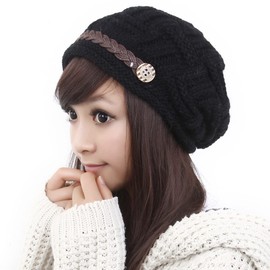 Roll Up Women's Girls Cute Fashion Winter Cozy Fur Earflap Knitted Wool Button Braided Strap Ski Cap Beret Newsboy Beanie Hat Visor (Black)