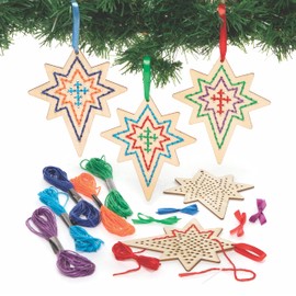 Baker Ross FC210 Nativity Star Wooden Threading Decorations - Pack of 5, Introduction to Threading for Beginners, Educational Crafts for Kids, Ideal Christmas Arts and Crafts Project
