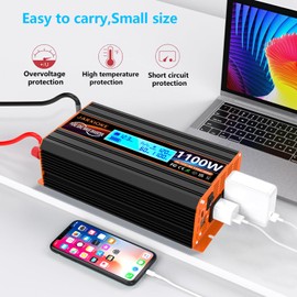 1100 Watt Pure Sine Wave Power Inverter 12V DC to 110V 120V Converter for Family RV Off Grid Solar System Car with Type-C Ports 2 AC Power Outlets Dual USB Ports LCD Display Wireless Remote Control