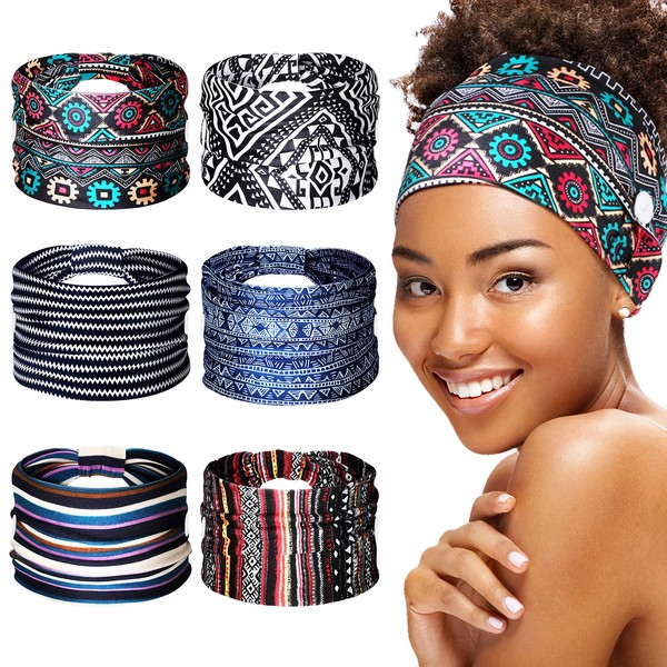 Chuangdi 6 Pieces Headband with Buttons for Mask African Boho Knot Turban Headbands Nurse Elastic Headbands Sport Beach Hair Accessories for Women Girls (Attractive Patterns)