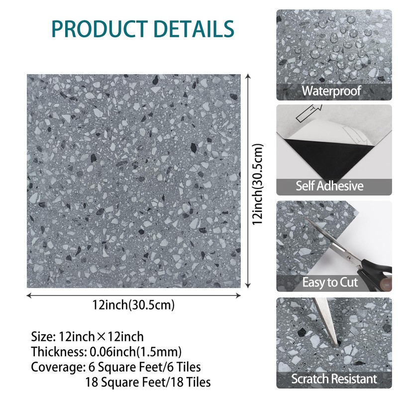 VaryStyle Grey Terrazzo Vinyl Flooring Peel and Stick Floor Tiles