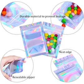 100 Pcs Holographic Mylar Bags, Smell Proof Bags with Clear Window, Resealable Bags for Small Business, Gift, Snack, Jewelry, Sample, Sealable Bags for Packaging, Valentines