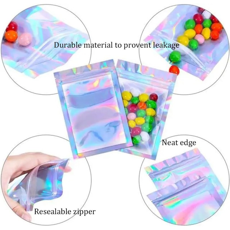 100 Pcs Holographic Mylar Bags, Smell Proof Bags with Clear