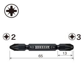 Vessel PZ142365 Double Ended Combination Bit, 2 Posi-Drive, PZ2 / PZ3 x 65