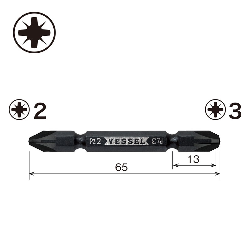 Vessel PZ142365 Double Ended Combination Bit, 2 Posi-Drive, PZ2 /