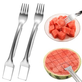 Watermelon Fork Slicer Cutter, 2-in-1 Stainless Steel Watermelon Fork Slicer, Portable Watermelon Fork Watermelon Cutting Tool Fruit Forks Slicer for Home Party Camping Kitchen Cutting Artifact
