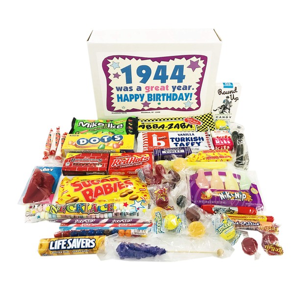 Woodstock Candy 1944 76th Birthday Gift Basket Box of Nostalgic Retro Candy from Childhood for 76 Year Old Man or Woman Born 1944 Jr