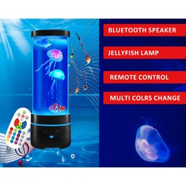 15" Jellyfish Light with Bluetooth Speaker, Black Modern Cylindrical Aquarium with 4 Jellyfish (2 Large + 2 Small), 16-Color Remote Control LED Lights, USB Powered, for Home and Office Decoration