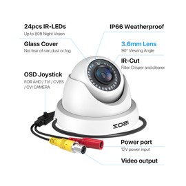 ZOSI 2.0MP 1080P 1920TVL Hybrid 4-in-1 TVI CVI AHD CVBS Security Surveillance CCTV Dome Camera, Weatherproof 80ft IR Day Night Vision For 960H,720P,1080P,5MP,4K analog Surveillance DVR (White)