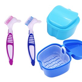 2 Stück Prothesenbürsten und 2 Stück Prothesenbox Doppelseitige Zahnbürste für falsche Zähne