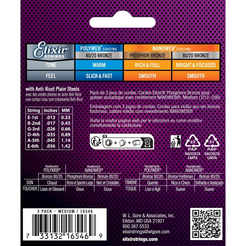 Elixir Strings, Acoustic Guitar Strings, Phosphor Bronze with NANOWEB Coating,