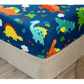 Chickwin Fitted Sheet, 120 x 200 cm, Children's Mattress Protector, Fitted Sheet Made of Polyester Fibres, Cartoon Dinosaur Pattern Sheet, Children's Fitted Sheet for Box Spring Beds, Mattresses up to 30 cm in Height