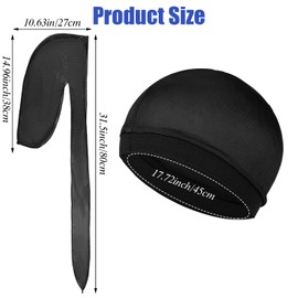 Wanmu 4Pcs Kids Silky Durag with Wave Caps Set, Silky Satin Durag Extra Long Tails, Long Tail and Wide Strap Headwraps, Wide Straps Waves (Black)