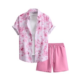 GORGLITTER Men's 2 Piece Summer Vacation Outfits Floral Tropical Button Down Shirt and Shorts Sets Pink X-Large