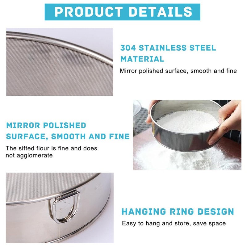Flour Sieve Stainless Steel Round Flour Mesh Sifter Sieve Fine