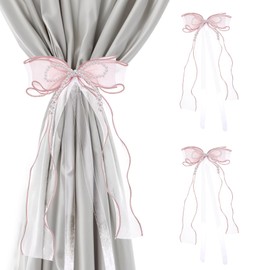 Bowknot Curtain Tiebacks, 2 PCS Butterfly Curtain Tiebacks with Pearls Sweet Bow Curtain Holdbacks Buckles Ribbon Curtain Ties for Home Bedroom Offices Dining Rooms Wedding Party Decoration (Pink)