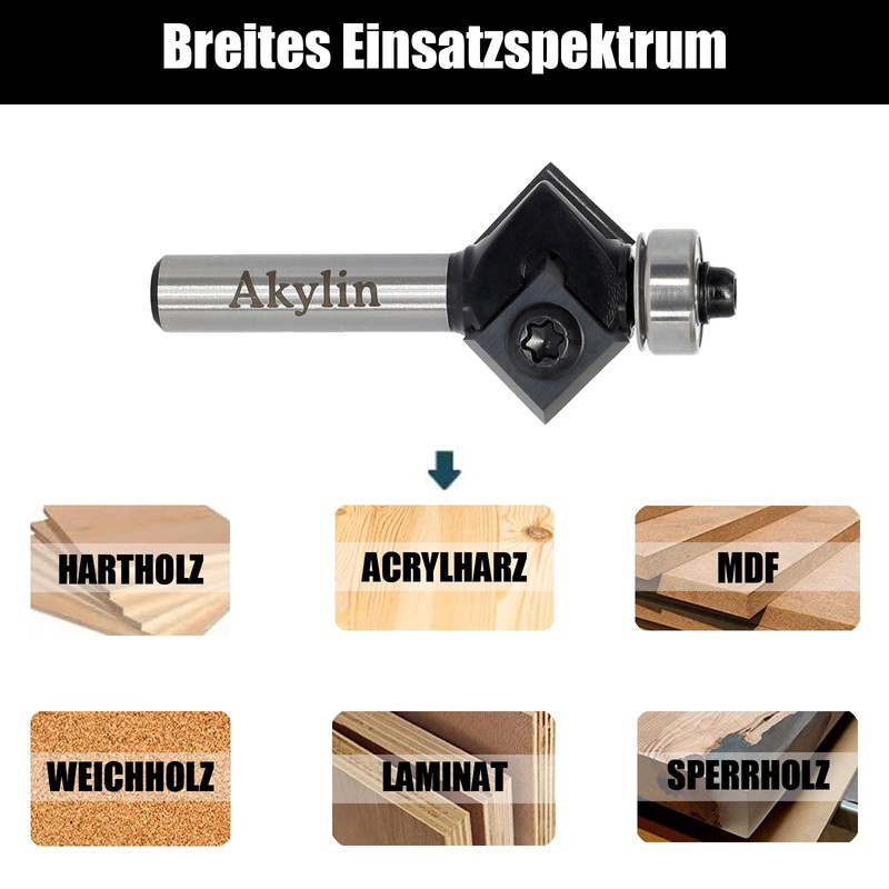 AKYLIN Reversible Plate Chamfer Cutter 8 mm Shank, 4-Sided Interchangeable