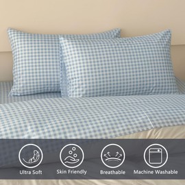NSNLGSGC Light Blue Gingham Full Sheet Set, Soft Brushed Microfiber Baby Blue Plaid Full Bed Sheets, 4-Pieces Grid Sheet Set with Deep Pocket
