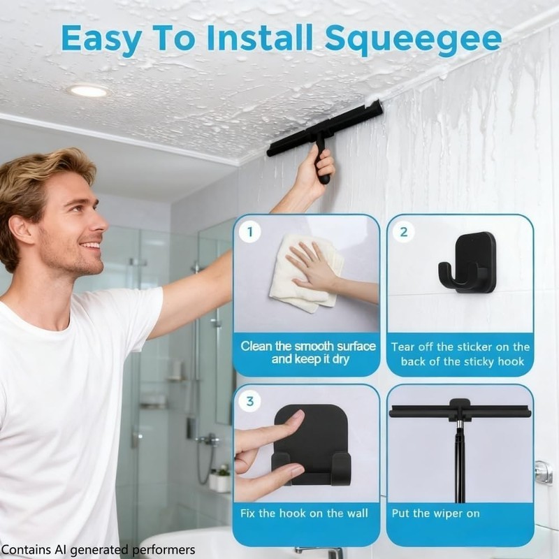 Black Telescopic Shower Squeegee for Glass Doors, Tile Shower Walls.
