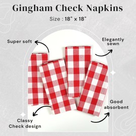 HOUSE OF ORLO Red Gingham Checked Dinner Napkins, 18x18 Inch, 100% Cotton, Durable, Soft, Absorbent, Reusable, Washable, Set of 12, Perfect for Thanksgiving, Christmas, Fall Celebrations, Holidays