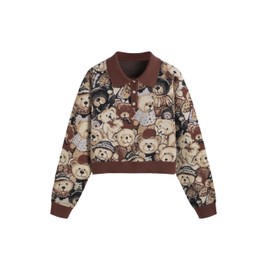 CIDER Polo Position Bear Button Knitted Long Sleeve Sweater Brown