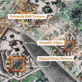 MilleLoom 10x13 Washable Area Rugs Large Living Room Rug Vintage Distressed Floral Neutral Rug Farmhouse Soft Thin Large Rug Indoor Floor Non Slip Rug Carpet for Bedroom Dining Room Decor,10x13 Green