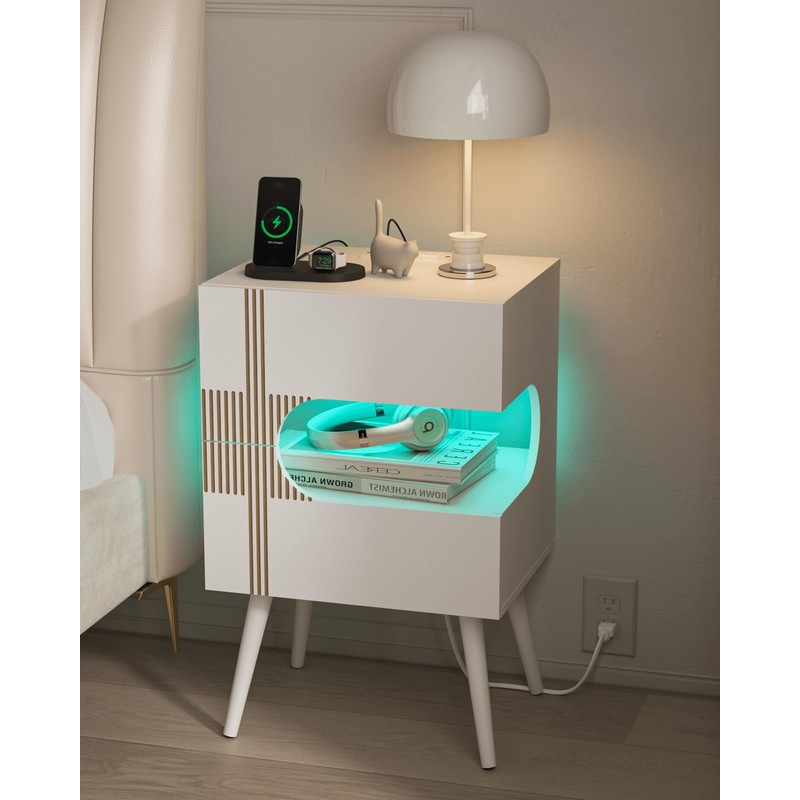JOONEE White Nightstand with Charging Station and LED Lights,Modern Bedside
