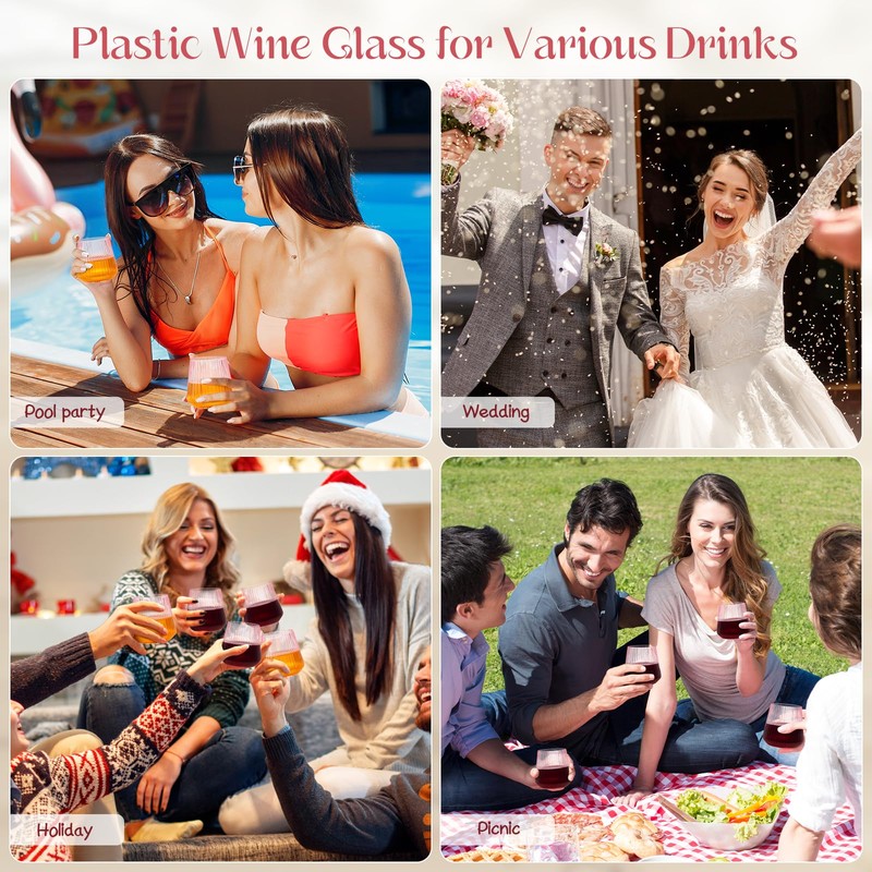 24 Pack Pink Plastic Wine Cups, 14oz Disposable Stemless Ribbed