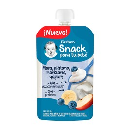 Gerber Snack Para Bebé Pouch, Etapa 4, A Partir de 12 Meses, Con Proteína y Sin Azúcar Añadida, Mora Azul, Plátano, Manzana y Yogurt, Caja con 12 Pouches de 95 g c/u