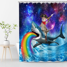 RosieLily Cat Whale Shark Bathroom Curtain, Cat Shower Curtains Set with 12 Hooks, Waterproof Cool Shower Curtain, Funny Shower Curtain, 72”x72“