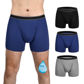 TIICHOO Washable Incontinence Boxer Briefs Underwear for Men with Front Fly Cotton Mens Leak Proof Underwear Regular Absorbency 100ml 3 Pack(Large, Black/Gray/Navy Blue)