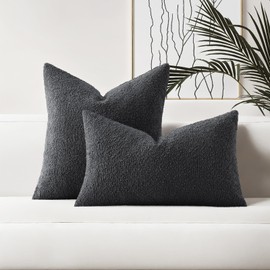 HAUSSY Set of 2 12x20 Decorative Throw Pillow Covers, Soft Cozy Textured Boucle Lumbar Pillow Cases, Home Decor for Couch Bed Living Room, Navy Blue