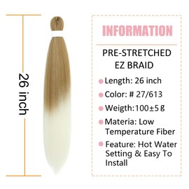 YeahPerfect Ombre Braiding Hair Pre Stretched Extensions Ombre Blonde Easy Braids 26 Inch 3 Packs Hot Water Setting Professional Yaki Synthetic Hair for Box Braids (3Pcs,26Inch,#27/613)