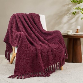 BYTIDE Throw Blanket for Couch 60" x 80" Cable Knit Throw Soft Cozy Lightweight Plush Decorative Bed Chair Sofa Couch Cover Tassel Throw Blankets for Adults and Kids All Season, Burgundy