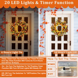 [ Timer & Thick ] 22 Inch 20 LED Fall Wreaths for Front Door Fall Decorations Fall Leafs Mums Wheats Eucalyptus Wreath Battery Operated Warm Lights Fall Thanksgiving Wreath for Home Indoor Outdoor