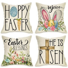 Fahrendom Happy Easter Eggs Bunny Decorative Throw Pillow Cover 20x20 Set of 4, Religious Rejoice Rabbits Carrot Flower Blessings Outdoor Pillowcase, Spring He is Risen Cross Cushion Case Home Decor