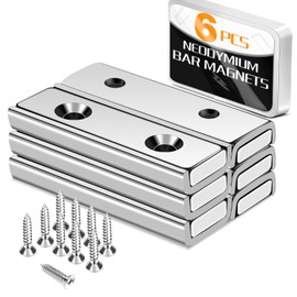 TRYMAG Neodymium Rectangular Magnets 45Lbs, 40 x 13.5 x 5mm Strong Bar Magnets with Countersunk Hole and Steel Capsule, Heavy Duty Industrial Rare Earth Magnets with Screw for Wall Mounting, Pack of 6