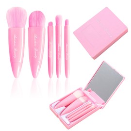 Anactoro Travel Makeup Brushes Set, Easy Taken 5pcs Mini Makeup Brushes Kit with mirror, ON-THE-GO, Makeup Set for Beauty Blender, Get Glam On-the-Go! Pink