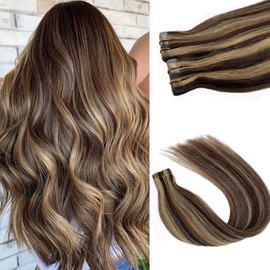 Brown Balayage Tape in Hair Extensions Human Hair Brown with Blonde Highlights Hair Extensions 16inch 20pcs 30g Natural Human Hair Extensions Tape in Real Hair Extensions