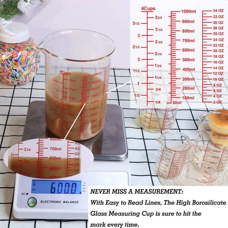 High Borosilicate Glass Measuring Cup Set-V-Shaped Spout，Includes 250ml(8OZ), 500ml(16OZ), and