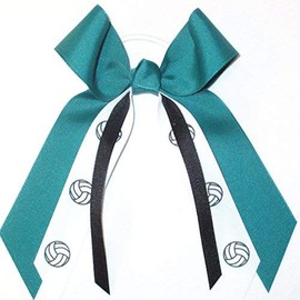 Volleyball Hair Bows, Made in the USA, White Pony Band, many colors (Teal and Black)
