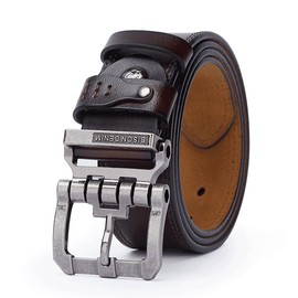 BISON DENIM Men's Belt Leather Dress Genuine Leather Classic Heavy Duty Buckle Belt Casual for Jeans, Silver buckle + brown belt, 120 cm, Fit for waist 39 cm - 41 cm