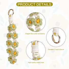 elephtree Boho Macrame Keychain Wristlet Keychain Weave Exquisite Keyring Holder Bracelet Handmade Wrist Lanyard for Women, Light Green Flower, no