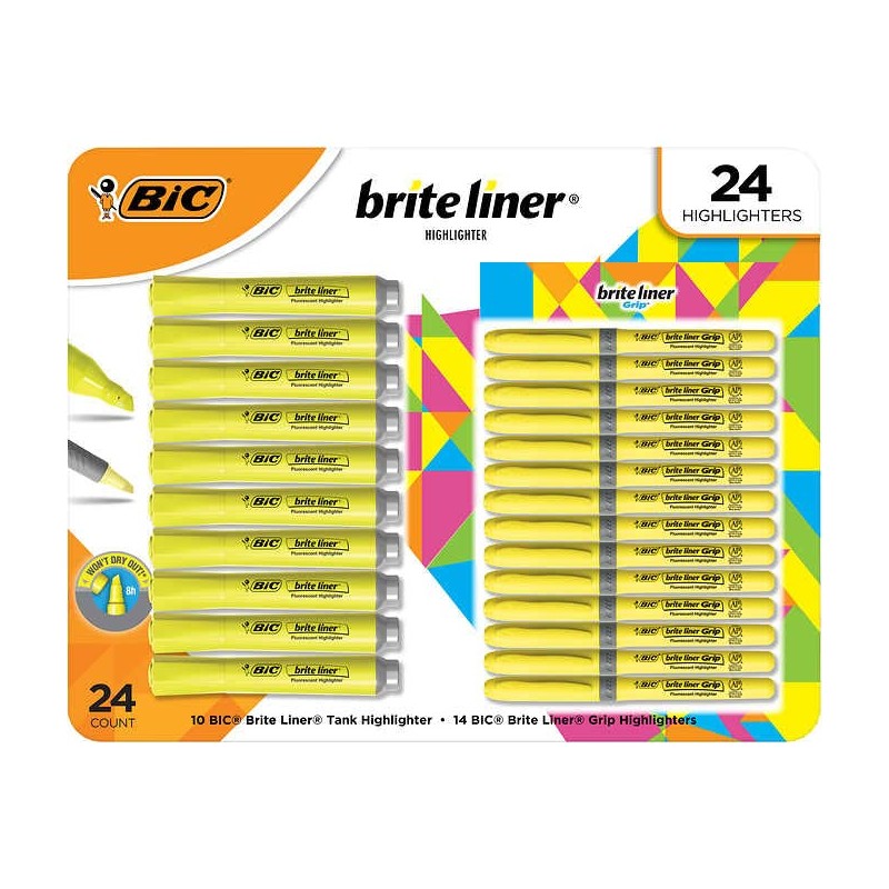 BIC Brite Liner Highlighter Combo Pack, Fluorescent Yellow, 24 ct